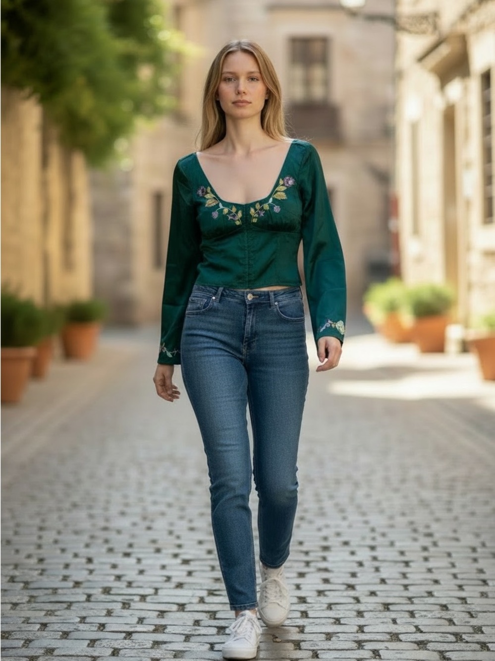 Free People Autumn Bloom Emerald Green Embroidered Crop Top